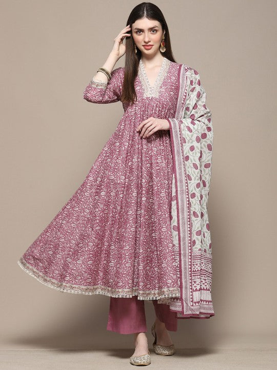 Biba Ethnic Motifs Printed Thread Work V-Neck Pure Cotton Kurta With Palazzos & Dupatta