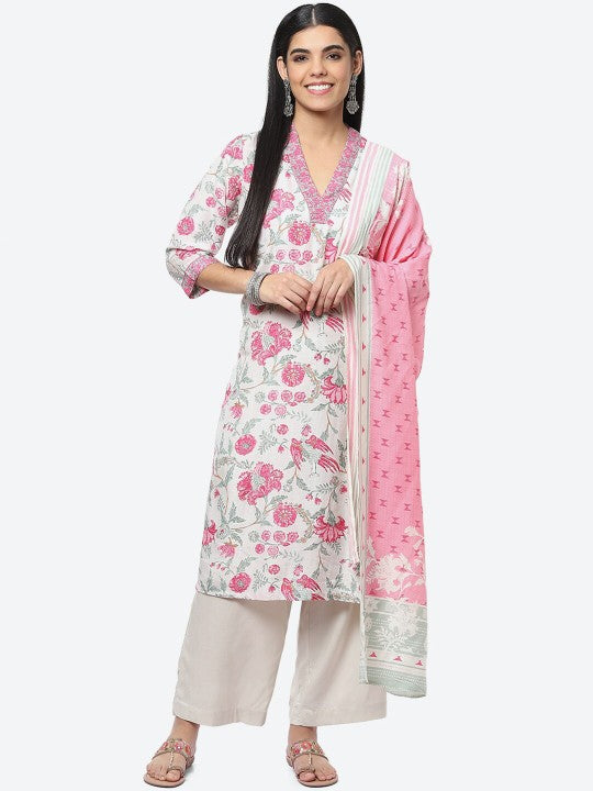 Biba Women Floral Printed Kurta with Palazzos & With Dupatta - Pink & White