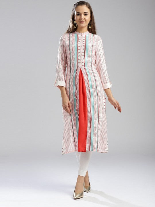 W Women White & Red Printed Straight Sustainable Kurta