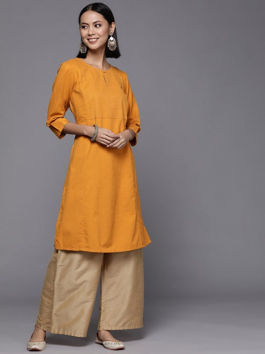 Fabindia FabBasic Women Mustard Yellow Yoke Design Thread Work Sequin Detail Cotton Linen Kurta