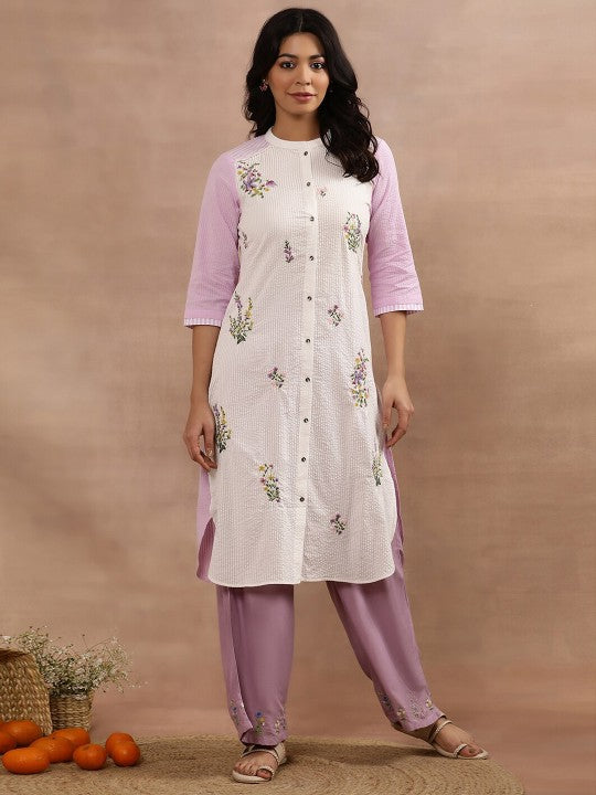 W Floral Embroidered Regular Thread Work Pure Cotton Kurta with Trousers