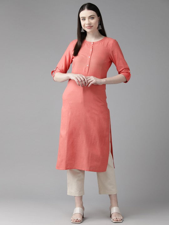 W Cotton Linen Straight Kurta - Coral Pink