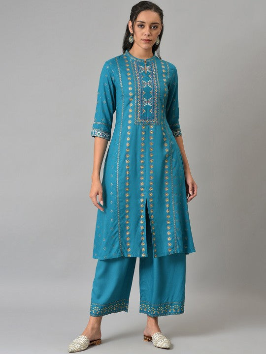 W Women Geometric Printed Panelled Kurta with Trousers