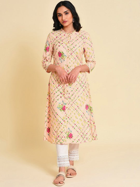 W Women Floral Printed Thread Work A-Line Kurta with Trousers