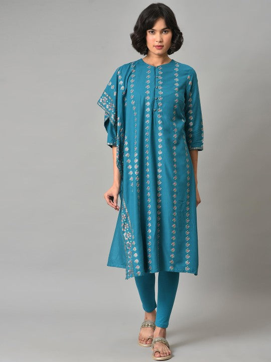 W Festive Floral Print Rayon Kurta With Leggings