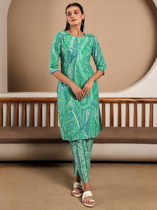 W Green & Blue Lace Insert Ethnic Motifs Printed Pure Cotton Kurta with Trousers