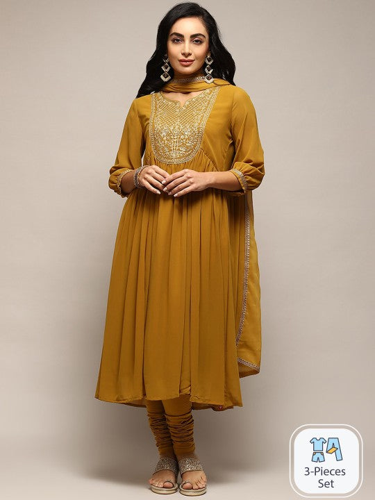 Biba Ethnic Motifs Yoke Design Sequinned Kurta & Churidar With Dupatta