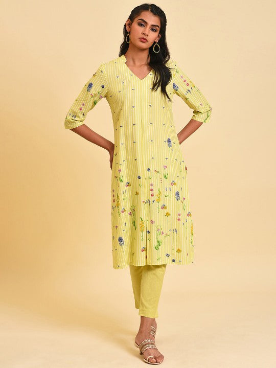 W Floral Printed Band Collar Kurta with Trousers