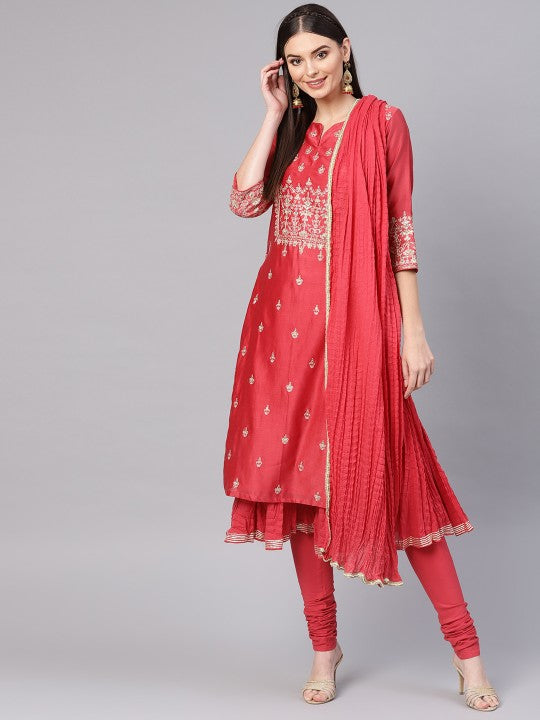 Biba Women Coral Red Embroidered Layered Kurta with Churidar & Dupatta