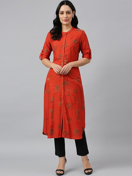 W Women Orange Floral Printed Kurta