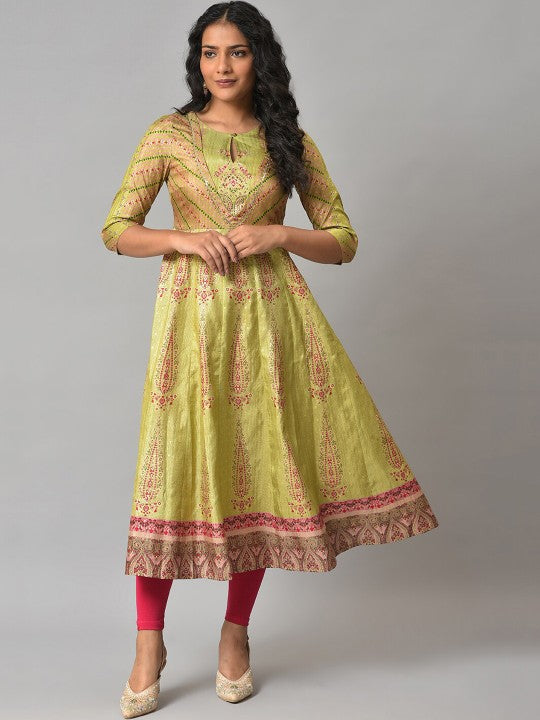 W Women Festive Floral Print Karnataka Silk Anarkali Kurta With Leggings