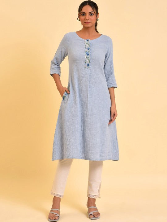 W Women A-Line Cotton Kurta - Blue & Green