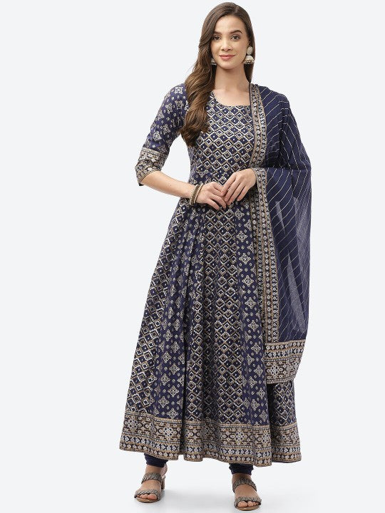 Biba Women Navy Blue Ethnic Motifs foil Printed Kurta with Trousers & With Dupatta