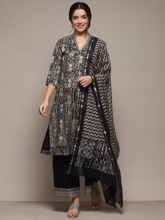 Biba Ethnic Motifs Printed Sequinned Regular Kurta with Palazzos & With Dupatta