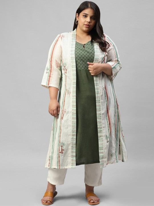 W Women Green Solid Yoke Design Keyhole Neck Kurta