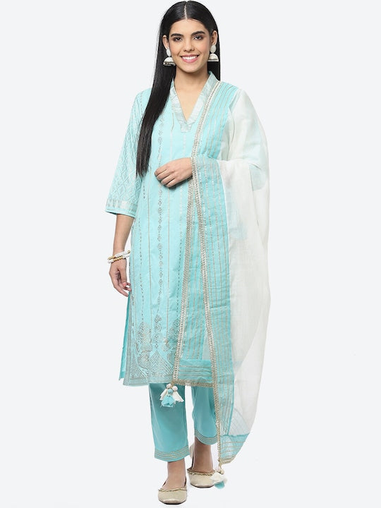 Biba Ethnic Motifs Printed Sequinned Cotton Kurta with Trousers & With Dupatta