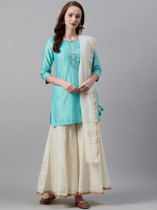 Biba Women Blue & Off-White Solid Kurta with Palazzos & Dupatta