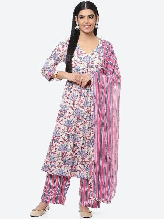 Biba Women Floral Printed Kurta with Striped Palazzos & With Dupatta