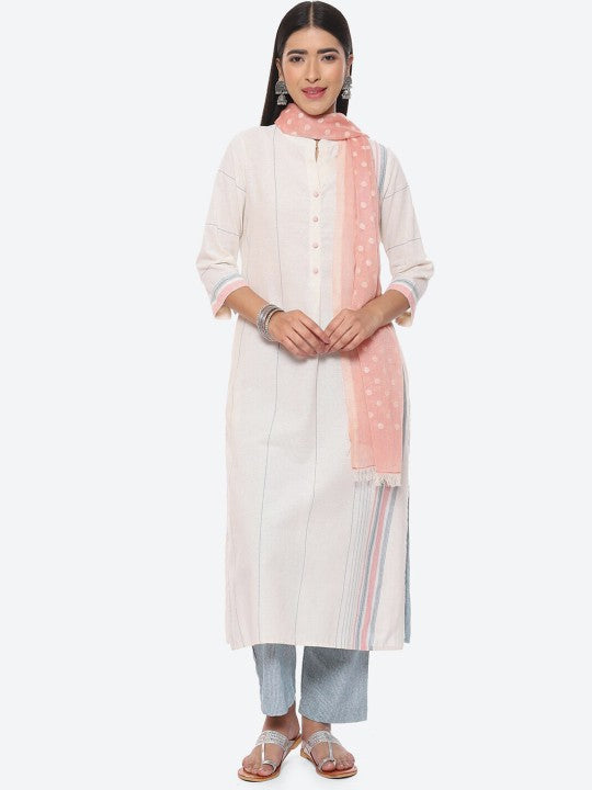 Biba Striped Panelled Kurta with Trousers & Dupatta