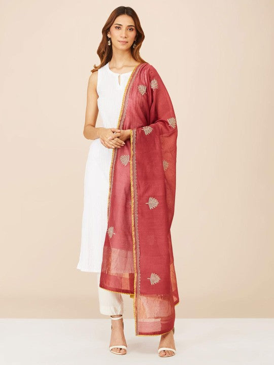 Fabindia Ethnic Motifs Embroidered Cotton Silk Dupatta - Pink & Beige