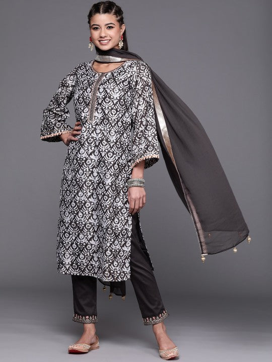 Biba Women Charcoal Grey & White Motifs Print Sequinned Kurta with Trousers & Dupatta