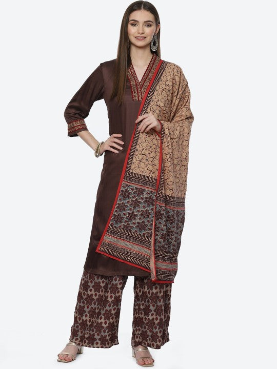 Biba Women Brown Floral Kurta with Palazzos & With Dupatta