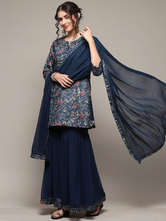 Biba Floral Printed Sequinned Straight Kurti With Sharara & Dupatta