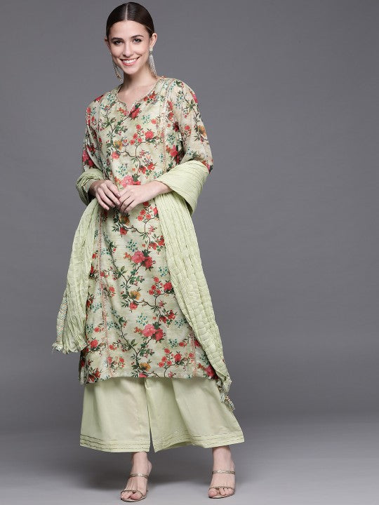 Biba Women Green & Red Floral Print Sequinned Kurta with Palazzos & Dupatta