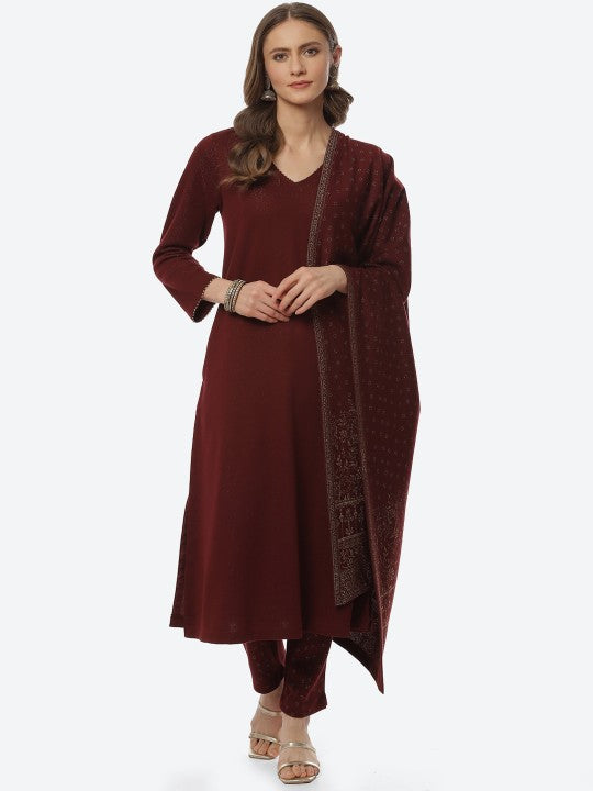 Biba Women Maroon Ethnic Motifs Kurta & Trousers With Dupatta