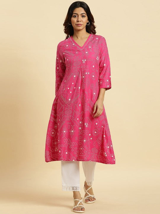 W Ethnic Motifs Printed V-Neck Straight Kurta