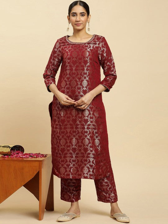 W Festive Floral Print Rayon Kurta With Straight Pant