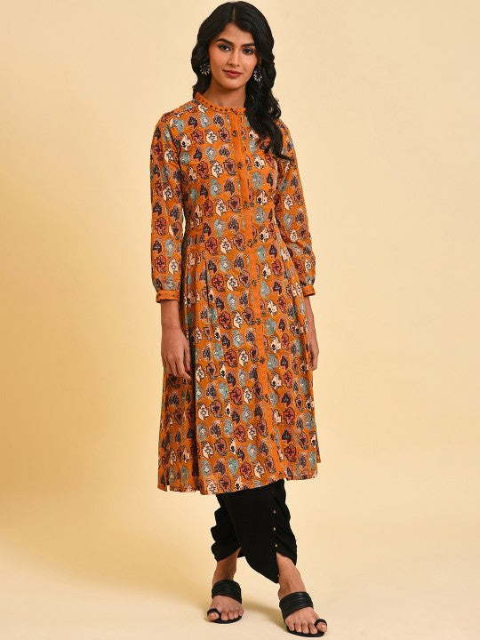 W Ethnic Motifs Printed Mandarin Collar Pure Cotton Kurta with Dhoti Pants