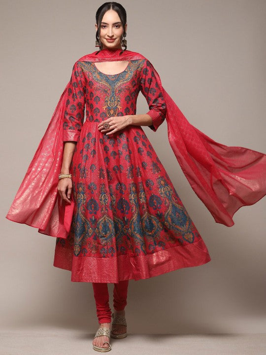 Biba Ethnic Motifs Printed Anarkali Kurta & Churidar With Dupatta - Red & Blue