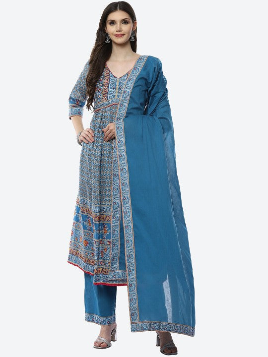 Biba Women Blue Floral Printed Empire Kurti with Palazzos & With Dupatta