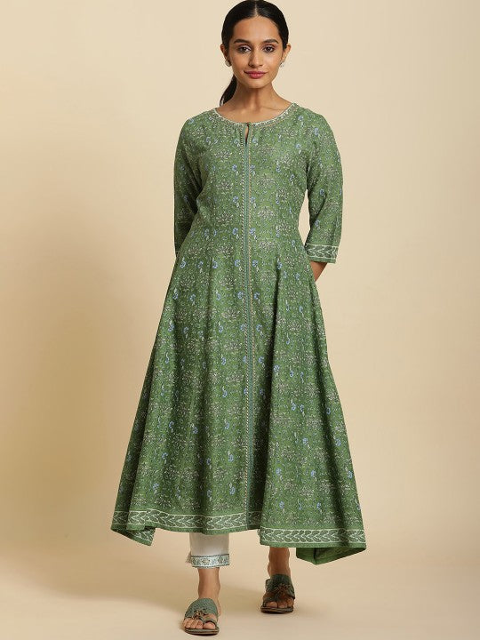 W Floral Printed Keyhole Neck Gotta Patti A-Line Kurta