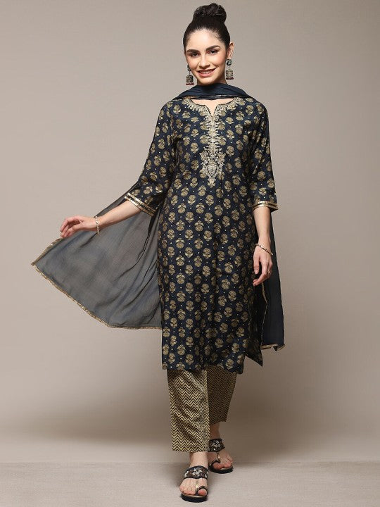 Biba Ethnic Motifs Printed Kurta with Trousers & Dupatta - Blue & Gold