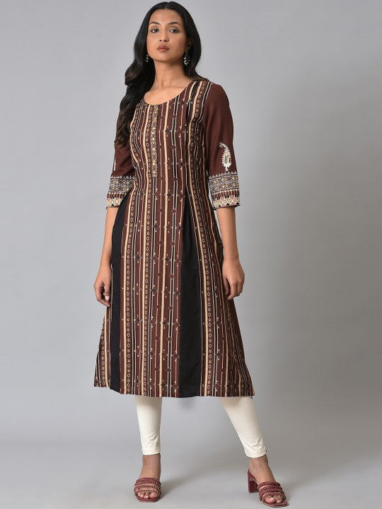 W Ethnic Motifs Printed Kurta - Brown