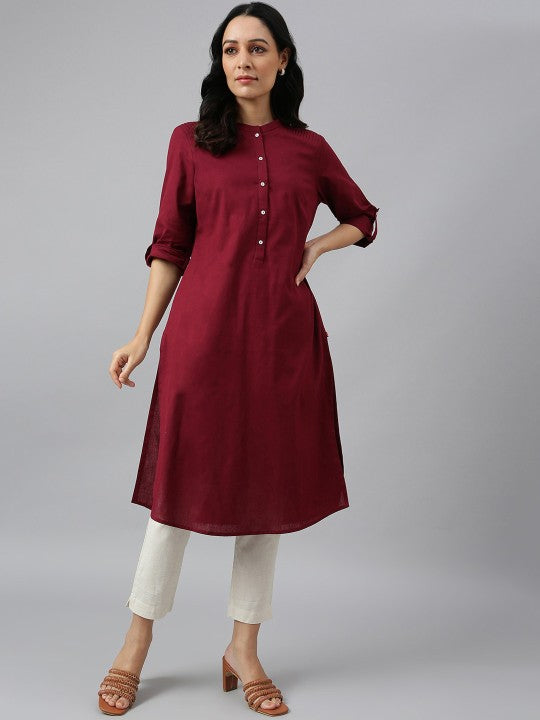 W Red Roll-Up Sleeves Pathani Kurta