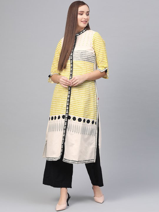 W Straight Cotton Kurta - Off White & Yellow