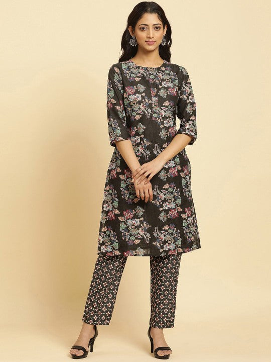 W Floral Printed Regular Pure Cotton Straight Kurta with Trousers