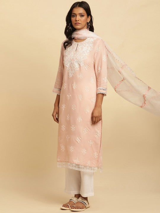 W Floral Embroidered Thread Work Straight Kurta