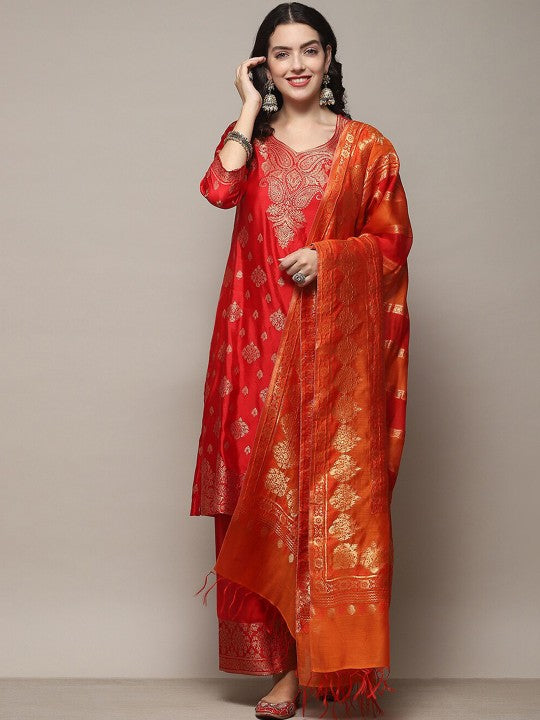 Biba Woven Design Straight Kurta & Palazzos With Dupatta