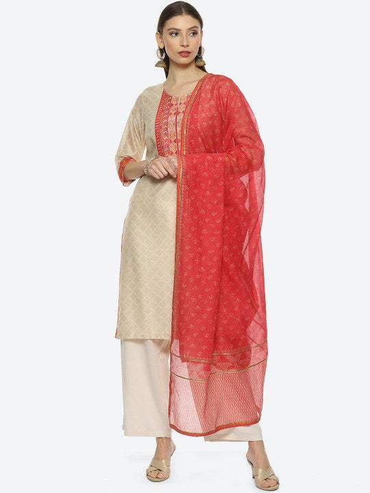 Biba Embroidered Chanderi Silk Straight Kurta with Palazzos & With Dupatta