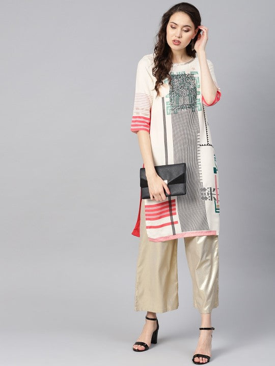 W Off-White & Red Printed Straight Sustainable Kurta