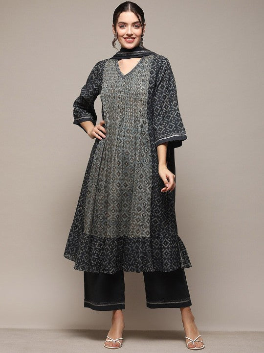 Biba Ethnic Motif Printed Pleated Beads and Stones Kurta With Palazzos & Dupatta