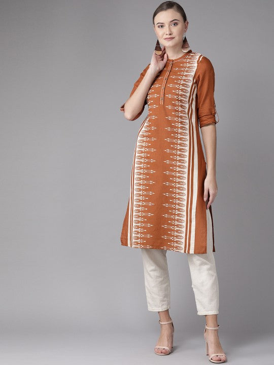 W Women Rust Brown & Off-White Printed Straight Kurta
