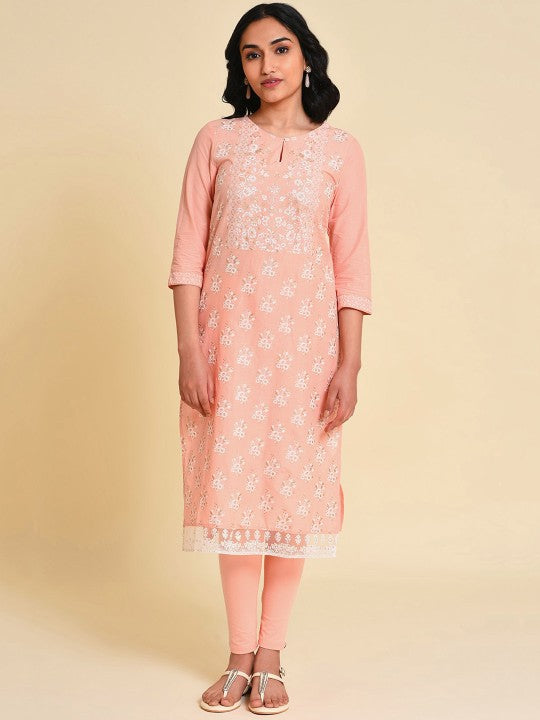 W Festive Floral Print Cotton Straight Kurta