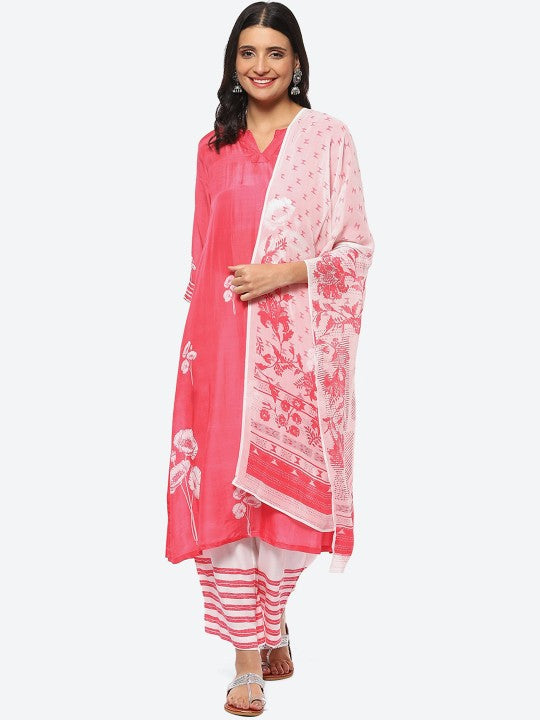 Biba Women Floral Printed Kurta with Palazzos & Dupatta - Pink & White