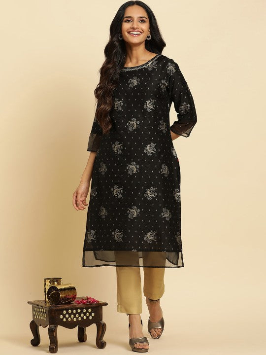 W Black Ethnic Motifs Printed Sequinned Straight Kurta