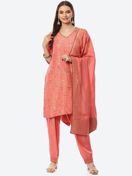 Biba Women Pink Ethnic Motifs Printed Kurta with Salwar & With Dupatta